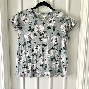 Rebecca Taylor Floral Ruffle Sleeve Grey Top